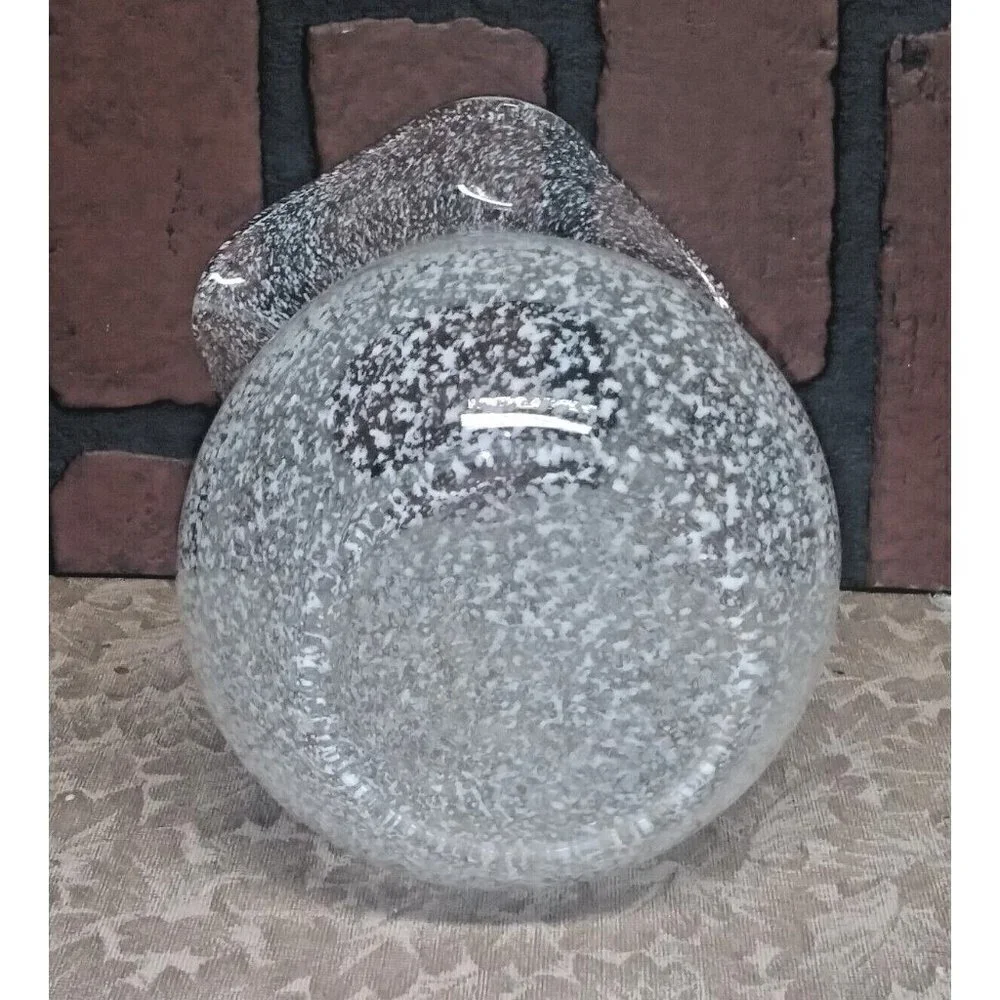 Art Glass Vase Hand Blown Clear With White Splatter Ruffle Top 7” Scalloped edge